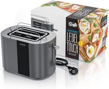 Тостер Arendo з нержавіючої сталі, 2 відділення, сенсорний екран, подвійні стінки, 800 Вт, підставка для тостів, 6 рівнів підсмажування, центрування хліба, індикатор часу, функція пам'яті (Колір: Cool Grey)