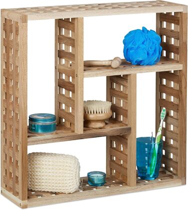 Relaxdays Wall Shelf Bathroom, Walnut with 5 Compartments, for Bathroom, Hallway and Living Room, H x W x D: 50 x 50 x 15 cm, natural