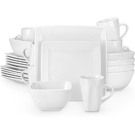 Square Dinnerware Set, Vancasso SOHO Tableware Service for 6 People, 24-Piece Stoneware Dinner Set with Dinner Plates, Dessert Plates, Bowls, and Cups, 24 Piece White
