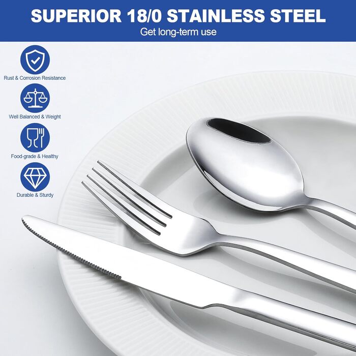 60-Piece Cutlery Set for 12 People, Wildone Premium Stainless Steel Highly Polished Cutlery Set, Durable for Home Kitchen Use, Including Fork, Knife, and Spoon Set