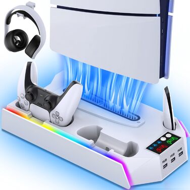 Підставка для PS5 Slim/Pro з зарядною станцією для контролера, RGB підсвічуванням, вентилятором, тримачем для навушників та USB хабом (чорний/білий)
