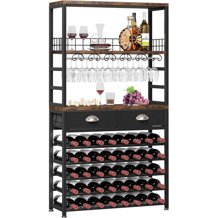 Homeiju Wine Rack, Freestanding Floor, Bar Cabinets for Liqueurs and Glasses, 4-Tier Bar Cabinet with Tabletop, Glass Holder, Storage Drawer and Wine Storage for Living Room, Kitchen, (Retro Black Brown)