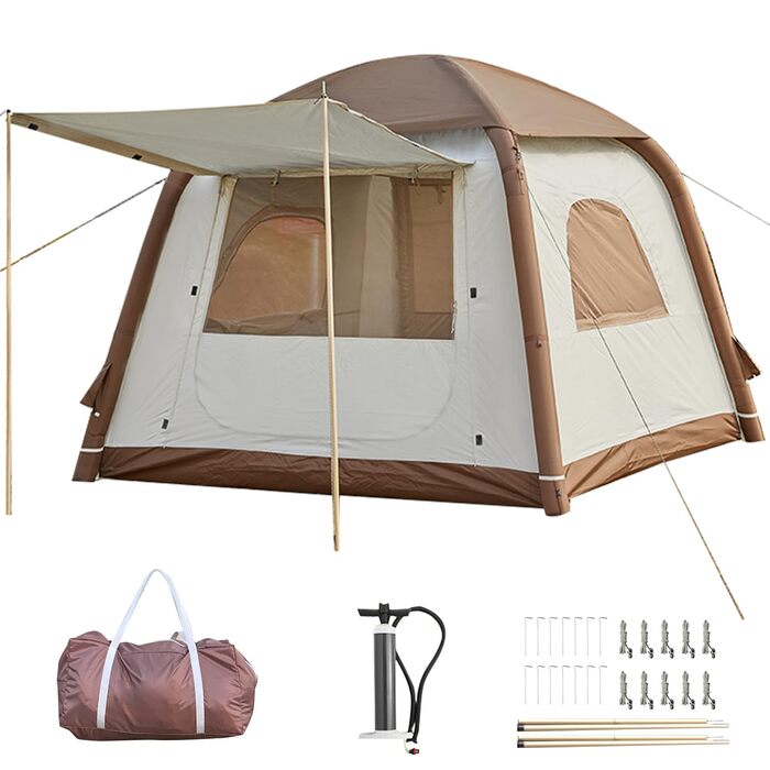 Надувний кемпінговий намет Glamping для 2/4/6/8 осіб 2025: швидкий монтаж, захист від дощу та москітної сітки, коричнево-бежевий