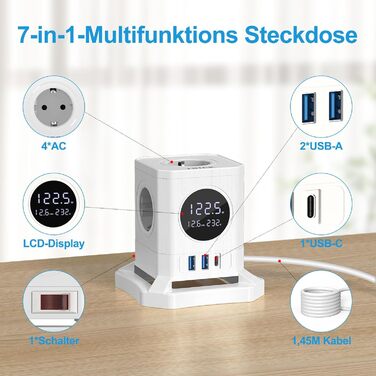 Багатофункціональний USB-хаб FDTEK з 1 USB-C та 2 USB-A, 7 розеток, LCD-дисплей, 1.8м кабель, 2500W/10A, білий