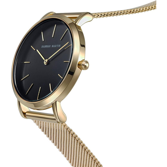 Жіночий годинник Hannah Martin: аналоговий кварц, водонепроникний, з нержавіючої сталі, ультратонкий, сітка-браслет (чорний корпус, золотий браслет)