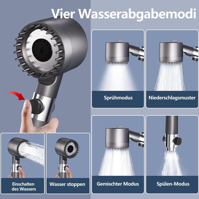 Фільтр для душу з високим тиском, ручна лійка з шлангом, 4 режими, економія води, видаляє хлор та бактерії (DY-001, сірий з сріблястим)