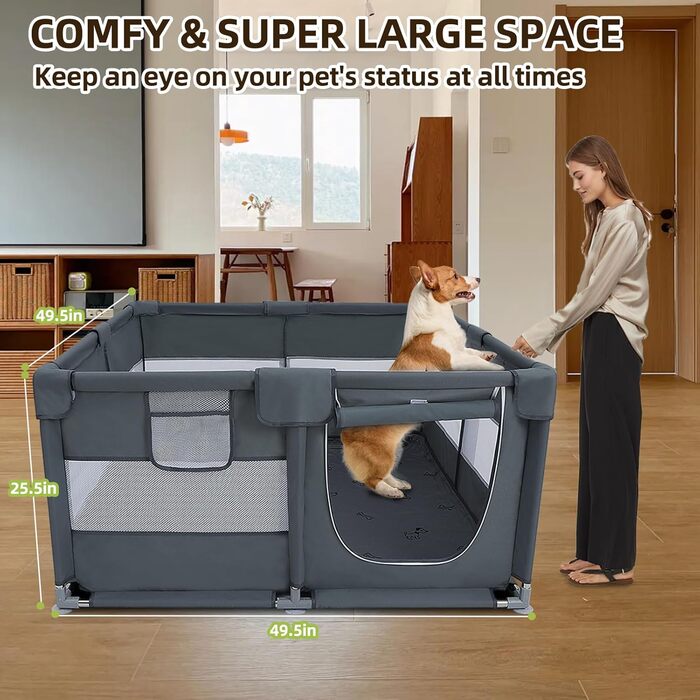 Клітка-загон для собак з оксфордської тканини, знімні пелюшки, 127x127x66 см, сталеві труби, дихаюча сітка, замок-блискавка, портативний вольєр для домашніх тварин для використання в приміщенні та на вулиці