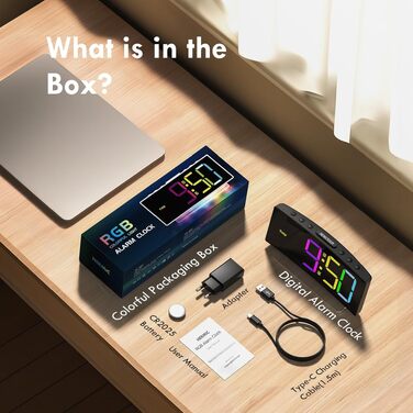 Цифровий LED будильник з RGB підсвіткою (7 кольорів), мережевий будильник з 2 сигналами, функцією Snooze, регулюванням гучності та яскравості, формат 12/24г, багатоколірний