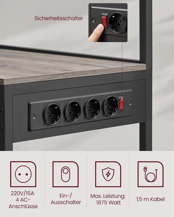 Полиця кухонна VASAGLE з розетками, стелаж для мікрохвильової печі, 8 гачків S-подібної форми, кухонний шафчик, органайзер для спецій, 40 x 90 x 165,5 см, коричневий вінтаж та чорний, KKS031K11