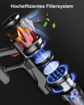 Бездротовий акумуляторний пилосос 45000Pa/550W/65хв, об'єм 1,6л з дисплеєм, антизаплутана щітка, самостійна парковка, док-станція на стіні, 8-шарова фільтрація, тихий, для шерсті тварин/килимів/твердих поверхонь/автомобіля (червоний)