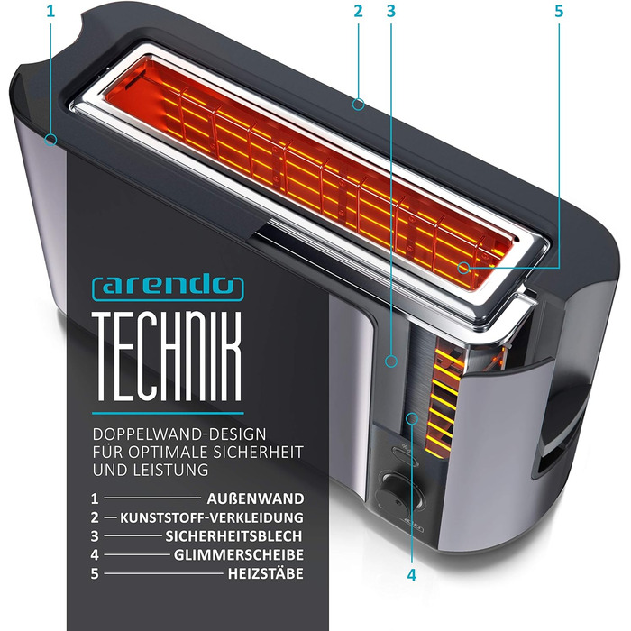 Arendo - 2-Slice Long Slot Toaster - Defrost Function - 1000W - Double-Walled Housing - Integrated Bun Tray - Browning Levels 1-6 - Display with Remaining Time Display D: Silvergrey