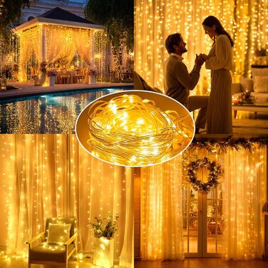 Льодовиковий штор LED 3x3м, 300 LED, з пульт, 10 гачків, USB, для декору, вікна, кімната, балкон, тепле світло, PVC