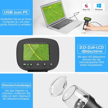 Цифровий мікроскоп WADEO USB HD з 50x-1600x збільшенням, портативна інспекційна камера, кабельне ручне збільшення з 8 LED та стійкою, сумісний з iOS, Android та планшетами (2 дюйми)