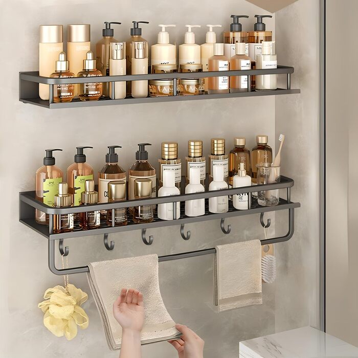 Поличка для душу Devesanter без свердління, 2 шт. - органайзер для ванної кімнати з тримачем для рушників та 6 гачками (60 см, сірий)