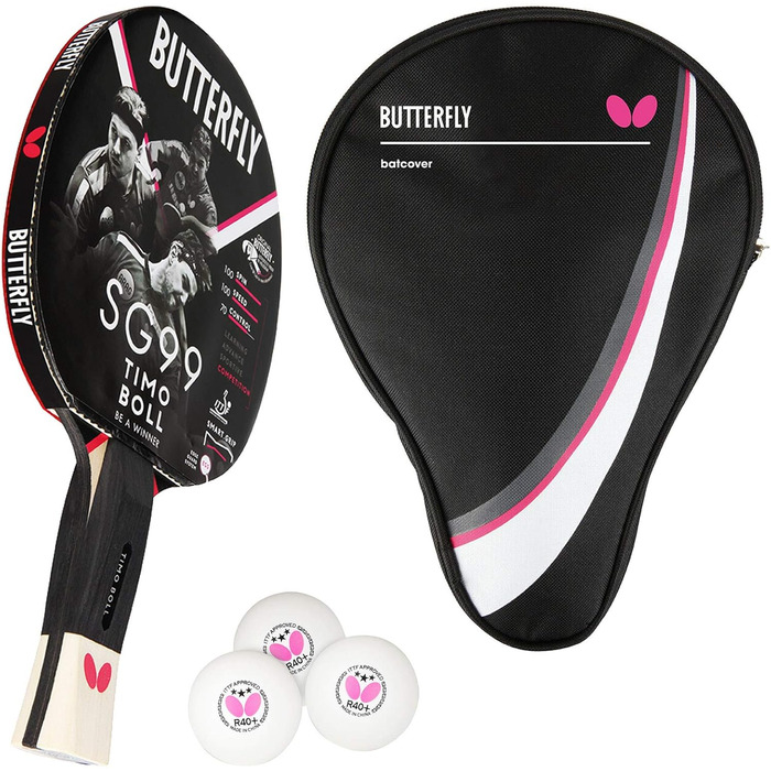 Тенісний стіл Butterfly Timo Boll SG99 | Професійний ракетковий комплект для настільного тенісу з сертифікованим покриттям Wakaba та зручною анатомічною формою ручки (включає чохол DC1 та 3 м'ячі)