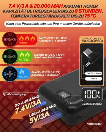 Електрична гріюча жилетка з підігрівом для жінок та чоловіків, 5V/7.4V, 20000mAh, 10 зон нагріву, 3 температурні режими, для велоспорту, активного відпочинку, роботи на вулиці, кемпінгу, розмір L, чорна