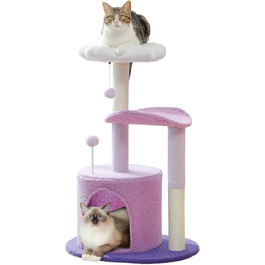 PETEPELA Cactus Scratching Post Small 84cm Modern Cat Tree Detachable Top Bed, Plush Cave, 2 Sisal Pillars, 2 Play Balls, Green (Purple)