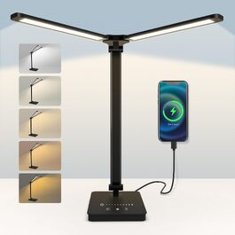 Стільна настільна LED лампа 15W з регулюванням яскравості та 5 кольорами світла, захист очей, таймер, функція зарядки та пам'ять, для дитячої кімнати, офісу та читання (Білий/Чорний)