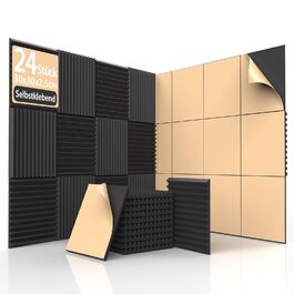 Акустичний поролон для звукоізоляції самоклеючий, пірамідні панелі 30x30x2.5 см, набір 24 шт. для студії, офісу та стелі