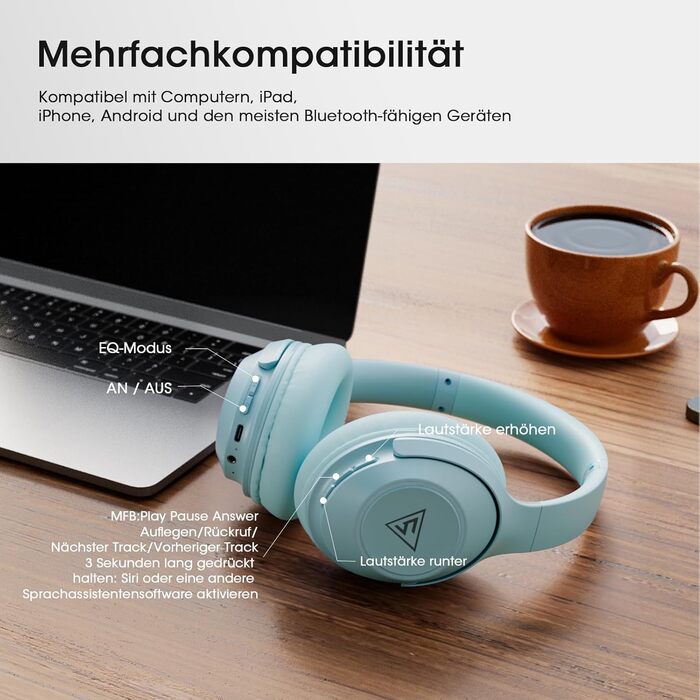 Бездротові навушники DOQAUS Bluetooth з тривалим часом роботи (70 годин), Over-Ear, Bluetooth 5.4, з кабелем, 3 режими EQ, HiFi стерео для подорожей/телефону/ПК (блакитні)