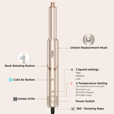 UKLISS Hairstyler 8 в 1: Професійний стайлер для волосся з авто-завивкою, іонізацією та функцією фена, підходить для всіх типів волосся, золотий