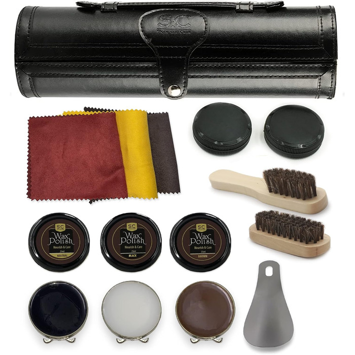 Stone & Clark 12-Piece Shoe Cream & Leather Care Set with Brown Wax, Polishing Shoe Brushes, Compact Shoe Shine Kit with Horsehair Brushes & PU (Classic Black Kit)