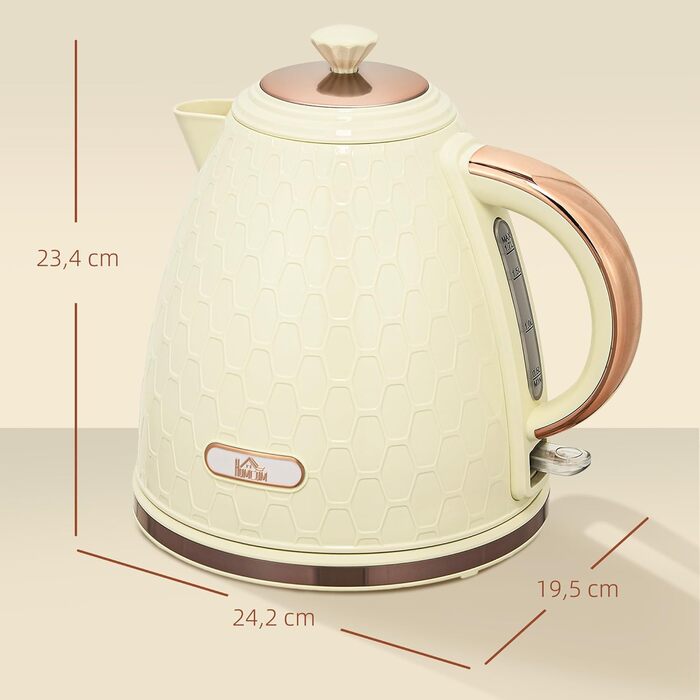 Електричний чайник HOMCOM з нержавіючої сталі, 1.7 л, 360° обертання, фільтр від накипу, захист від сухого кипіння, автоматичне відключення, BPA Free, 2200 Вт, бежевий