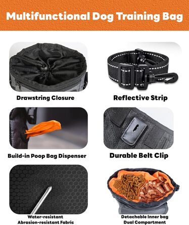 Водонепроникна сумка для ласощів для собак Hanwell з інтегрованим дозатором пакетів для екскрементів, сумка для дресирування собак на стегні та на плечі, чорна