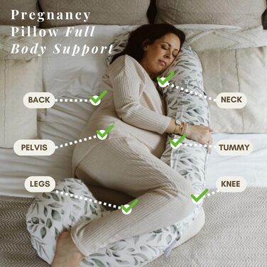 Подушка для вагітних BellaMoon 3-в-1: підтримка всього тіла, C-подібна форма для сну, годування та ліжка для малюка, знімний бавовняний чохол (Waterleaves)