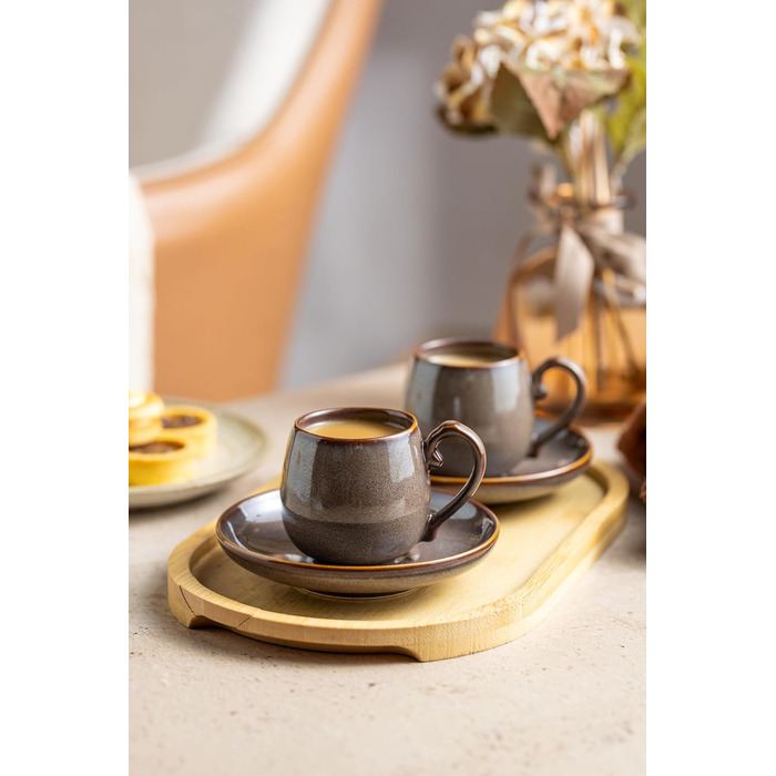 Набір чашок для еспресо LYEOBOH з блюдцями (6 шт.), 85 мл, кераміка, білий (коричневий)