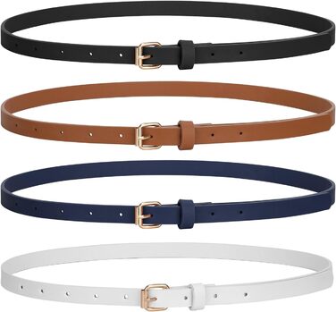 LEACOOLKEY 4 жіночі шкіряні тонкі ремені для суконь та джинсів. Тонкий пояс для талії, з золотою пряжкою (100см, 120см). Розміри: 66-79см, 93-104см. Кольори: чорний, коричневий, темно-синій, білий.