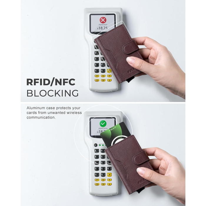 Чоловіче картхолдер VULKIT з RFID блокуванням, з металевою конструкцією, 3 відділення для кредитних карт та віконцем для посвідчення, компактний гаманець з магнітною застібкою, червоне шкіряне покриття (справжня шкіра Litchi Espresso)
