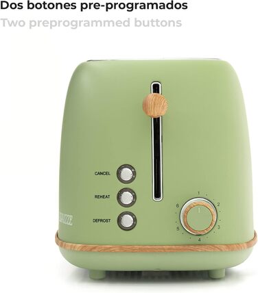 Тостер Kaito з широким подвійним слотом, 3,8 см та 13,5 см, 6 рівнів підсмажування, вінтажний дизайн, ефект дерева, матово-зелений колір