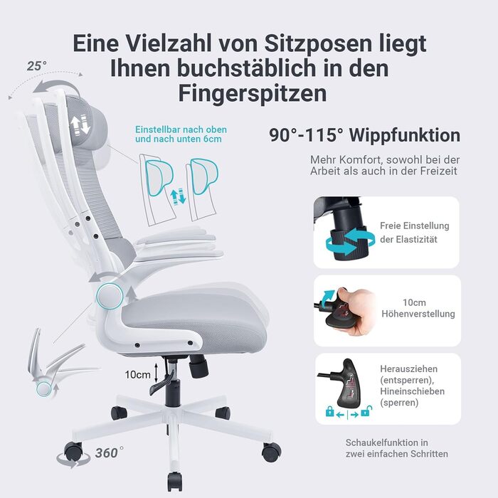 Ергономічне крісло для офісу з регульованою підголовником, сітчасте крісло для столу, відкидні підлокітники, широке сидіння, функція гойдання, комп'ютерне крісло EN 1335, офісне крісло 200 KG, сіре