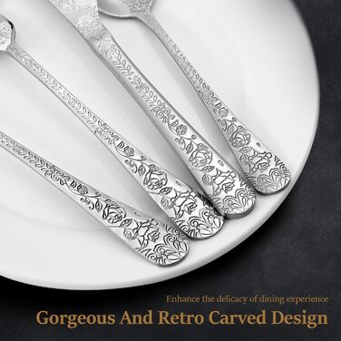 Набір столових приборів 24 предмети з нержавіючої сталі на 6 осіб з гравіюванням троянд. Ложки, виделки, ножі. Поліровані, для посудомийної машини. Сріблястий колір.