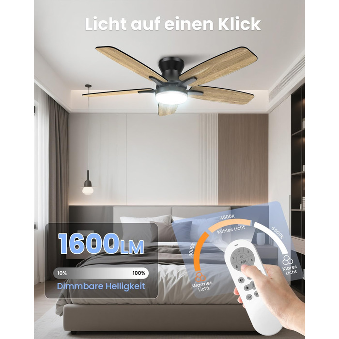 Стелянка-вентилятор 106 см з підсвічуванням, двосторонні лопаті, тихий, з пультом, LED лампа для спальні/вітальні, DC мотор, колір темне дерево