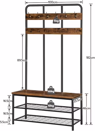 HOOBRO Coat Rack, Large Wardrobe with Bench, Shoe Rack with Seating, Clothes Rack with 12 Hooks, Ample Storage Space, for Entryway, Bedroom, Living Room, Dark Brown-Black EBF05MT01