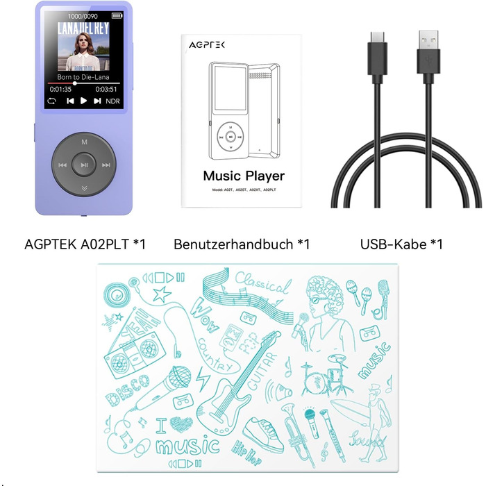 MP3 плеєр AGPTEK 64GB Bluetooth 5.3 з динаміком, радіо FM, екран 1.8
