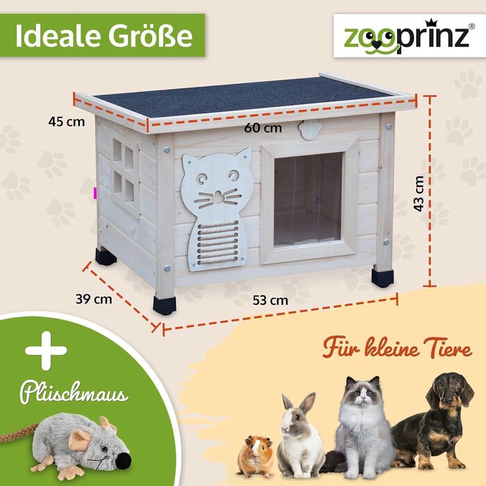 zooprinz Premium Wooden Cat House – Cat Box with Roof for Opening, Window and Swing Door – Sisal Scratching Band on the Cat Box – Weatherproof for Garden/Balcony – Indoor and Outdoor Shelter (Natural, Standard)