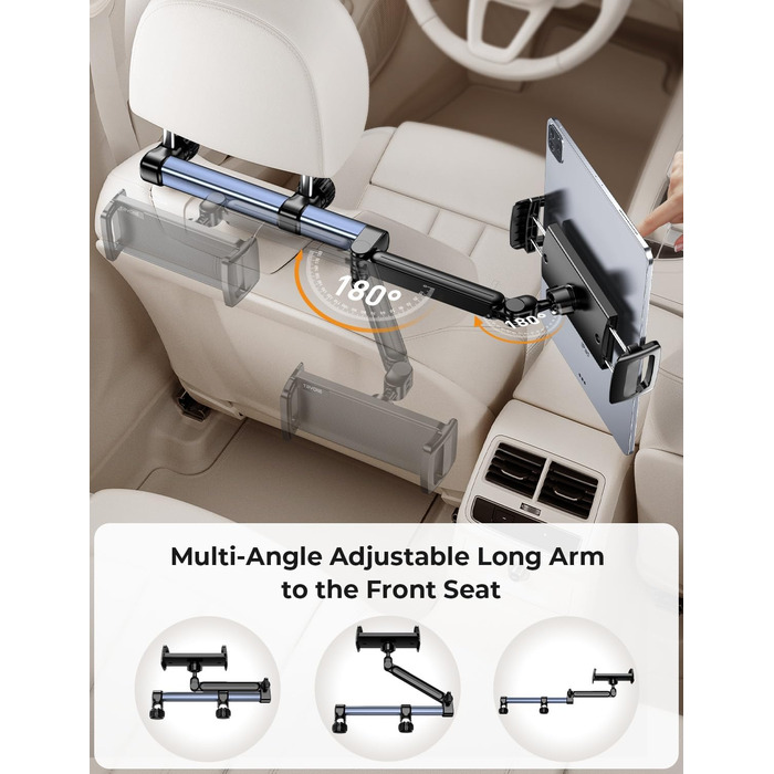 Тримач для планшету TRYONE в авто: кріплення на підголівник, 46 см, 3-в-1, для дітей, сумісний з iPad, Samsung Tab, Switch, телефонами (4.7-13 дюймів)