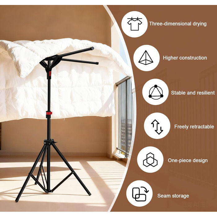 Сушарка для білизни Standtrockner з 4 крилами, 10 гачків та кліпсою для шкарпеток. Складана, регульована по висоті, для дому, балкону, кемпінгу (чорний)