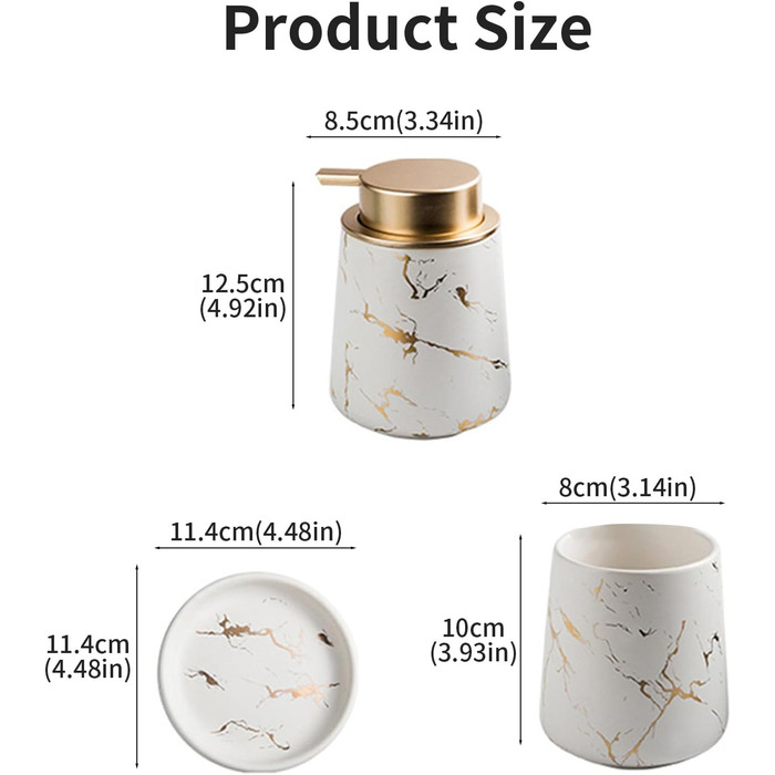 Набір аксесуарів для ванної кімнати Marmor: 3 предмети з кераміки (мильниця, дозатор мила, стакан, тримач для зубних щіток) - Матовий білий, Золотий