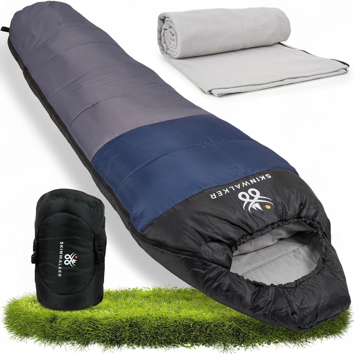 Спальний мішок SKINWALKER 3-4 сезони з знімним флісовим вкладишем, ультралегкий (-1600г), для кемпінгу та піших прогулянок, зимовий/літній, муміє, зелений (сіро-блакитний)