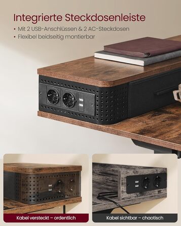 VASAGLE Electric Standing Desk - Adjustable Height, 140x60cm, with Monitor Stand, Power Strip, Hooks, Memory Function - Vintage Brown