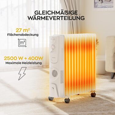 Електричний масляний радіатор Heinrich з 13 ребрами, 2500W, з вентилятором, терморегулятором, захистом від перегріву та нахилу, чорний