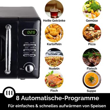 Мікрохвильова піч Wolkenstein Retro WMW720 I 700W, 20L, 5 рівнів потужності, 8 програм, розморожування, LED-дисплей, чорний