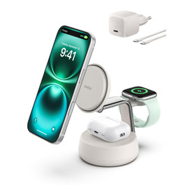 Беспроводное зарядное устройство Belkin UltraCharge Pro Qi2 3-в-1, 25W, MagSafe сумісне для iPhone, Apple Watch, AirPods, адаптер 45W, пісочний колір