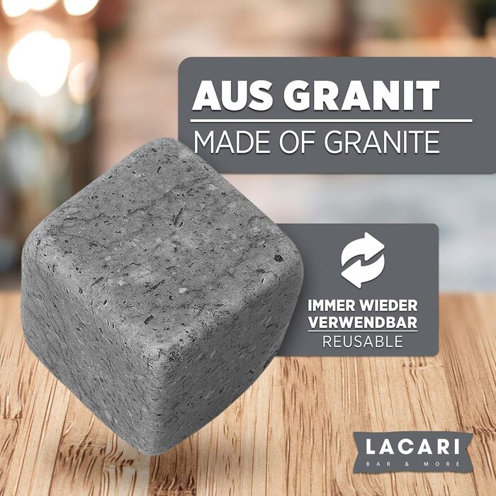 Камені для віскі Lacari ORIGINAL | 9 шт. багаторазові кубики льоду | Набір для віскі з дерев'яною коробкою, щипцями та мішечком | Не розбавляють віскі, ром, джин | Подарунок на день народження