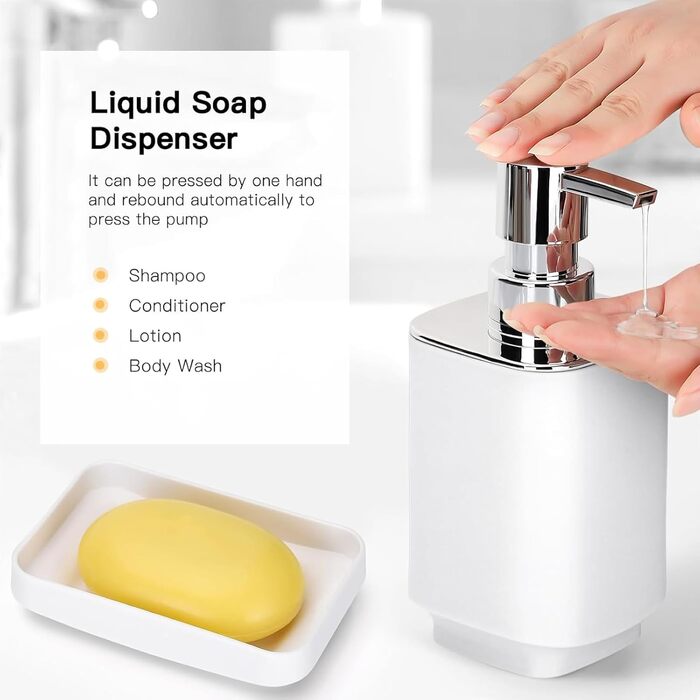 Сучасний 6-частинний набір для ванної кімнати білого кольору з дозатором для мила, тримачем для зубних щіток, мильницею, щіткою для унітазу, сміттєвим відром та склянкою з пластику та металу, білий