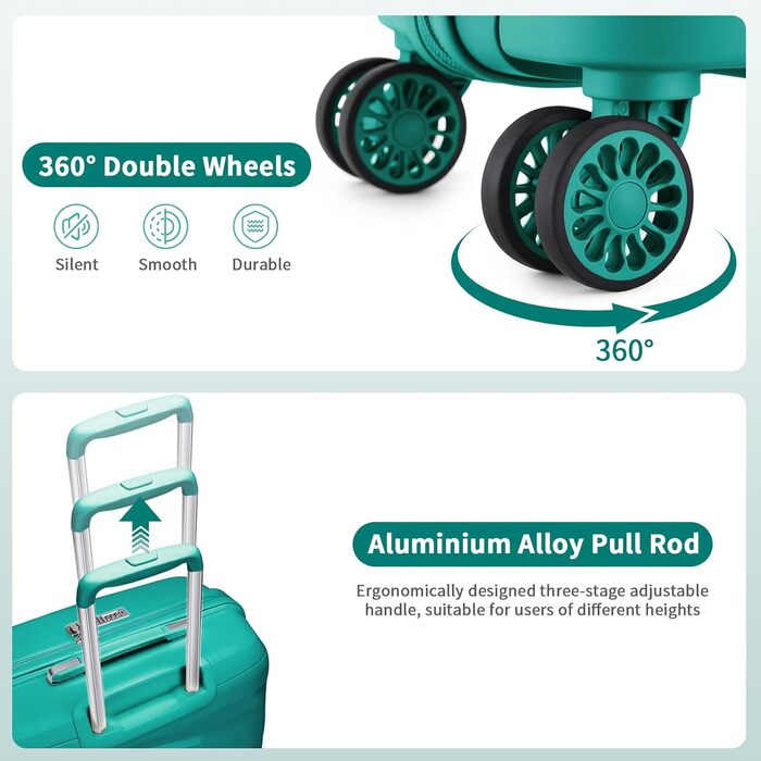 KONO Чемодан середнього розміру 65см з поліпропілену, з TSA замком, 65x46x26.5см (Зелений)